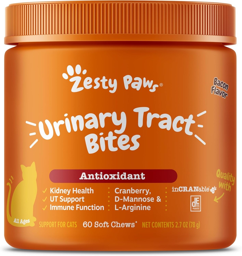 Zesty Paws Cranberry Urinary Tract Bites for Cats - Νεφρική & Ουρολοίμωξη - Μαλακά μάσημα με D-μαννόζη, Βιταμίνη B6 & L-αργινίνη - Ανοσοποιητική & Ουρολοίμωξη - Μπέικον - 60 Count