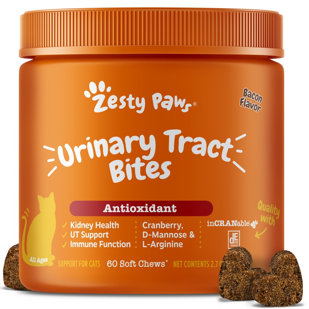 Zesty Paws Cranberry Urinary Tract Bites for Cats - Νεφρική & Ουρολοίμωξη - Μαλακά μάσημα με D-μαννόζη, Βιταμίνη B6 & L-αργινίνη - Ανοσοποιητική & Ουρολοίμωξη - Μπέικον - 60 Count