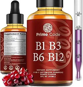 Prime Code Liquid Vitamin B1 Drops with Vitamin B3 B6 & B12 | B Complex Liquid Supplement | Thiamine Supplement for Adults | High Absorption | Immune Support | Non-GMO | Gluten-Free