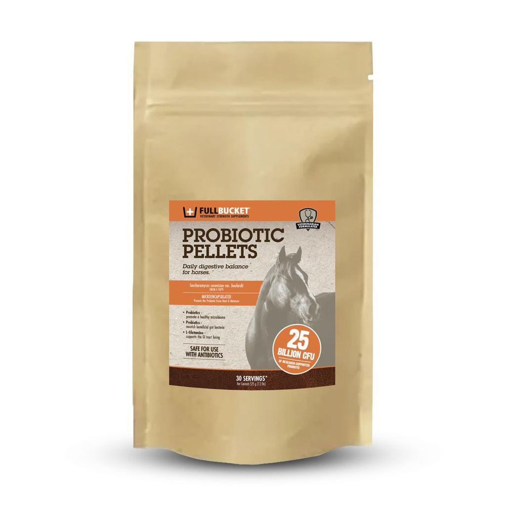 FullBucket Equine Probiotic Pellets with Saccharomyces boulardii for Horses Under Stress or for Horses with Digestive Issues - 25 Billion CFUs - 30 Servings