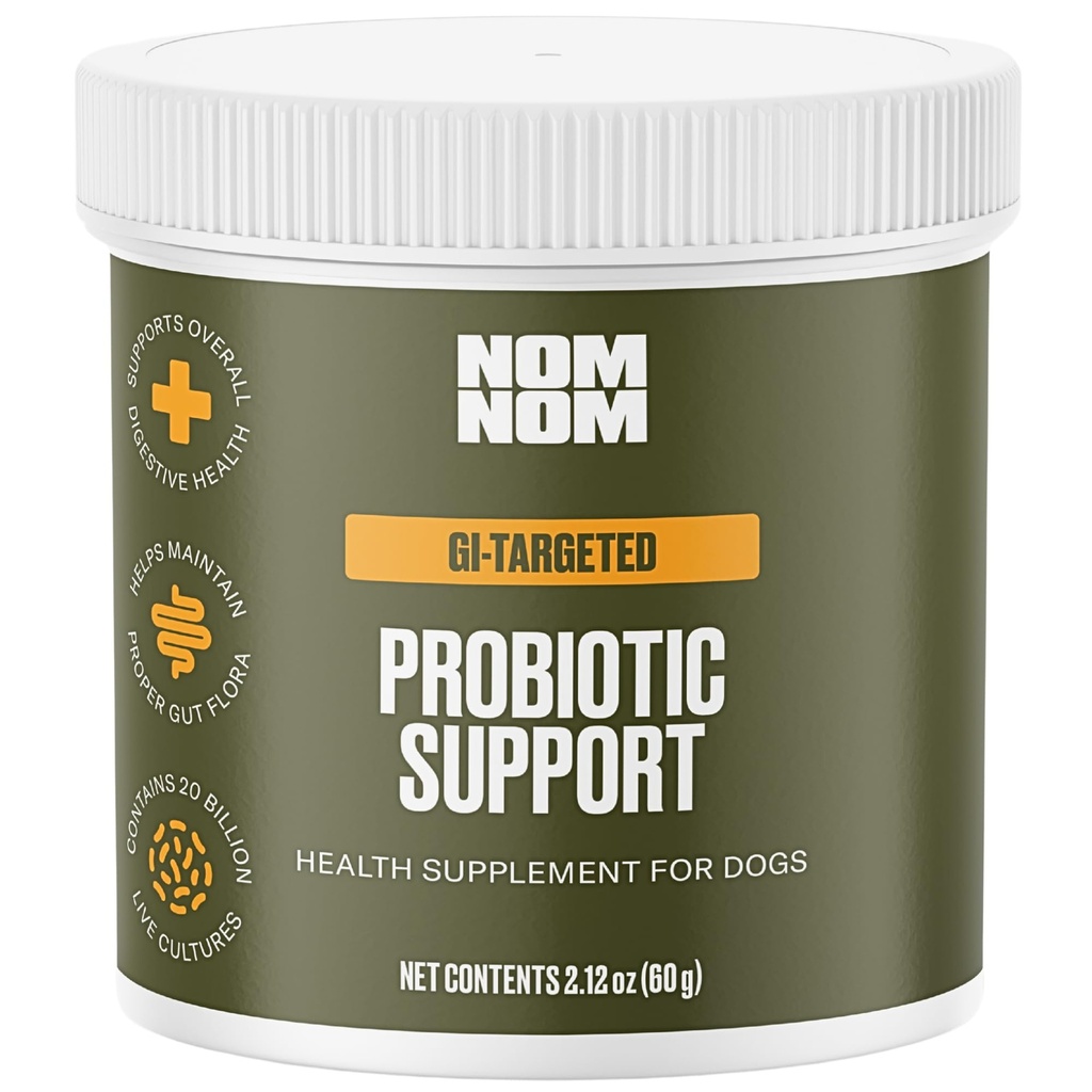 Nom Nom Dog GI-Targeted Probiotic Support - with Prebiotic Fiber, Inulin, and Saccharomyces boulardii - Gut Health Dog Probiotics for Gastrointestinal and Stomach Relief (GI Powder) | Gut Health, Stomach Relief, Stool Quality, 20 Billion CFUs, 5 Probiotic Strains, Prebiotic Fiber, Vet-Developed