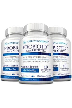 Approved Science Probiotic with Prebiotic - 10 Strains - 25 Billion CFU - 3 Bottles - Vegan