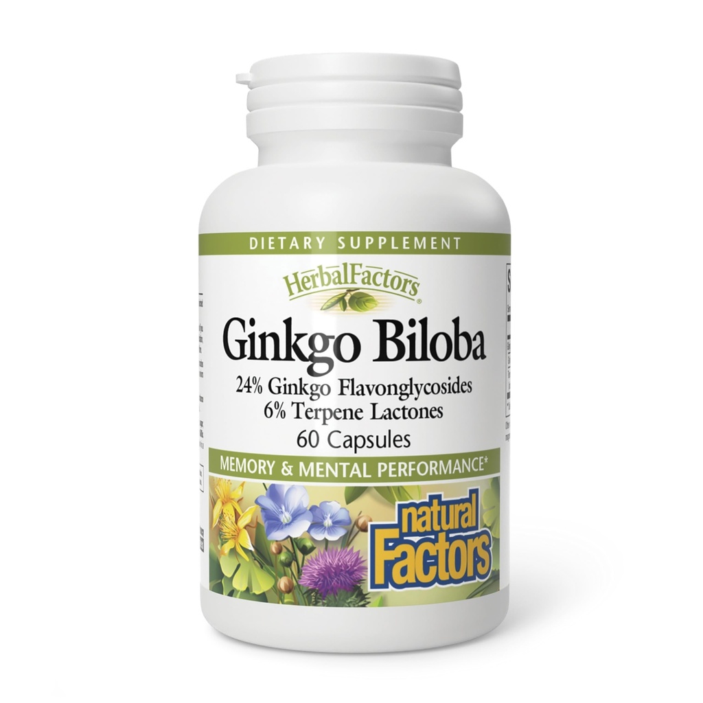HerbalFactors by Natural Factors, Ginkgo Biloba, Υποστηρίζει τη μνήμη, την ψυχική απόδοση και την υγιή λειτουργία του εγκεφάλου, 60 κάψουλες (60 μερίδες)