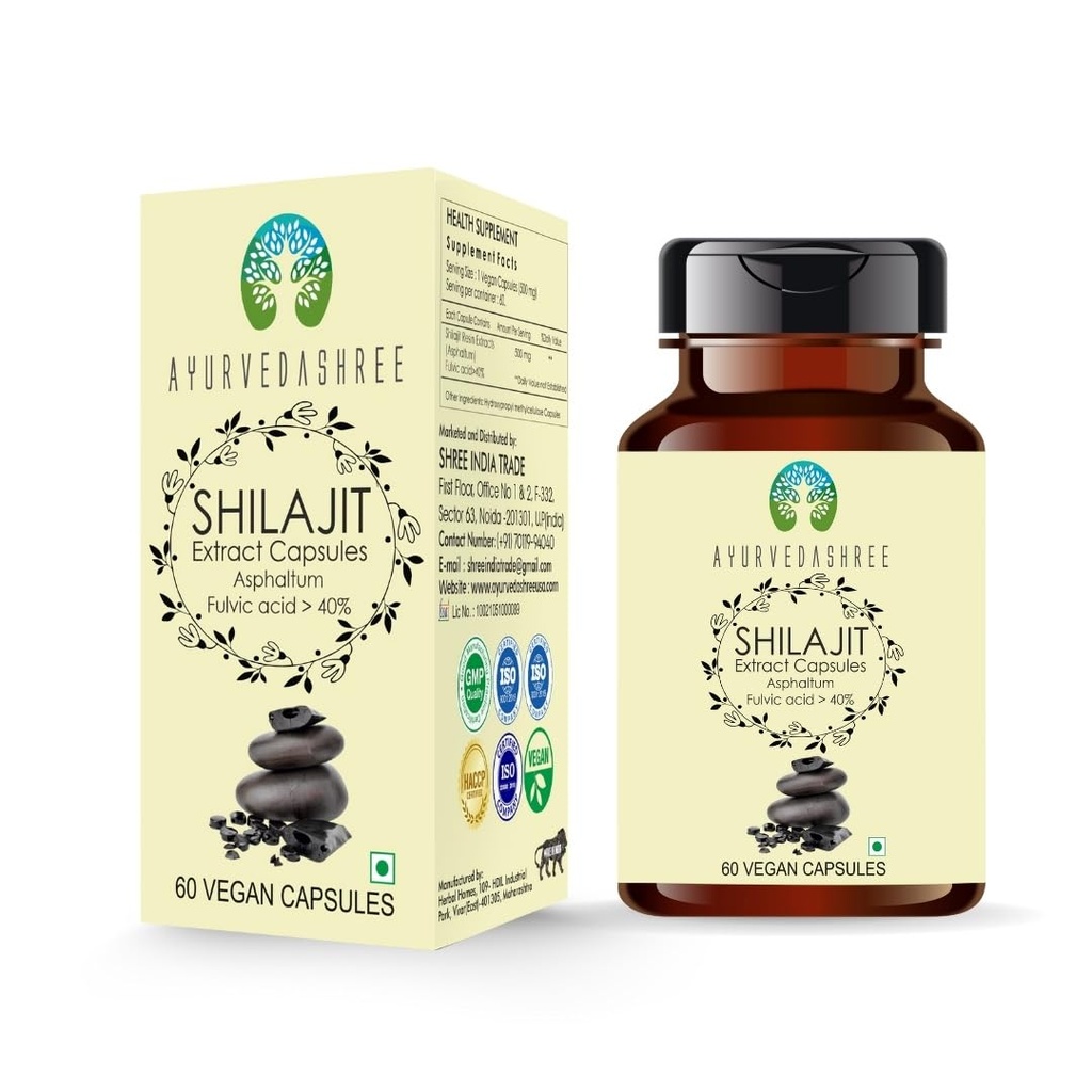 AYURVEDASHREE Shilajit Extract Capsules 1000mg – with 40%+ Fulvic Acid – 60 Veg Capsules for Men & Women