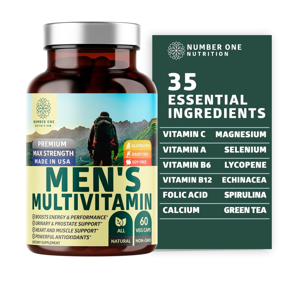 Number One Nutrition Premium Men's Daily Multivitamin Multimineral Supplement [Gluten Free, Non-GMO], Vitamins A C E D B1 B2 B3 B5 B6 B12, Magnesium, Biotin, Sprulina, and Zinc, 60 Veg Caps