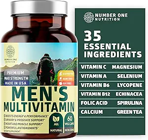 Number One Nutrition Premium Men's Daily Multivitamineral Supplement [Gluten Free, Non-GMO], Βιταμίνες A C E D B1 B2 B3 B5 B6 B12, Μαγνήσιο, Βιοτίνη, Σπρουλίνα, και Ψευδάργυρος, 60 Veg Caps