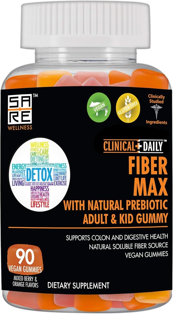 ΚΛΙΝΙΚΗ DAILY Fiber Max, Vegan High Fiber Gummies για ενήλικες & παιδιά. Δυσκοιλιότητα Ανακούφιση για ενήλικες και παιδιά. 90 Laxative Gummies χωρίς γλουτένη για την επισκευή ούρων