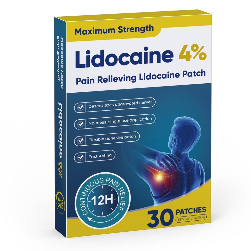 4% Lidocaine Patches - Maximum Strength for Back Neck Knee 0319, 30 Count | Fast-Acting | Up to 12-hour Targeted Pain Relief | MAX OTC | Strong Adhesion & Discreet Patch