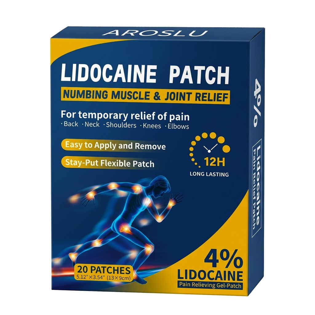 Lidocaine Patches 4% Max Strength, Back & Joint Pain Relief, 20 Ct | Topical 4% lidocaine numbing patches for back, neck, knee & shoulder aches, up to 12 hours long-lasting,20-count box