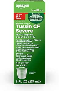   Basic Care Tussin Severe CF Max Syrup, Multi-Symptom Cough, Cold and Flu Liquid Medicine, Non-Drowsy, Relieves Cough, Sore Throat, Body Aches, Fever, Nasal and Chest Congestion, 8 fl oz