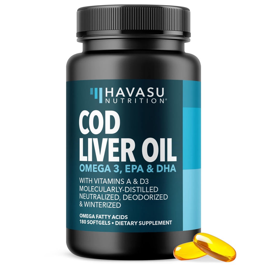 Cod Liver Oil Softgels, Omega 3 EPA and DHA Fish Oil with Vitamins A and D3 | Cod Liver Oil Capsules 1000mg Per Serving, Non-GMO, Gluten Free, Supports Heart, Brain and Immune Health, 90 Servings