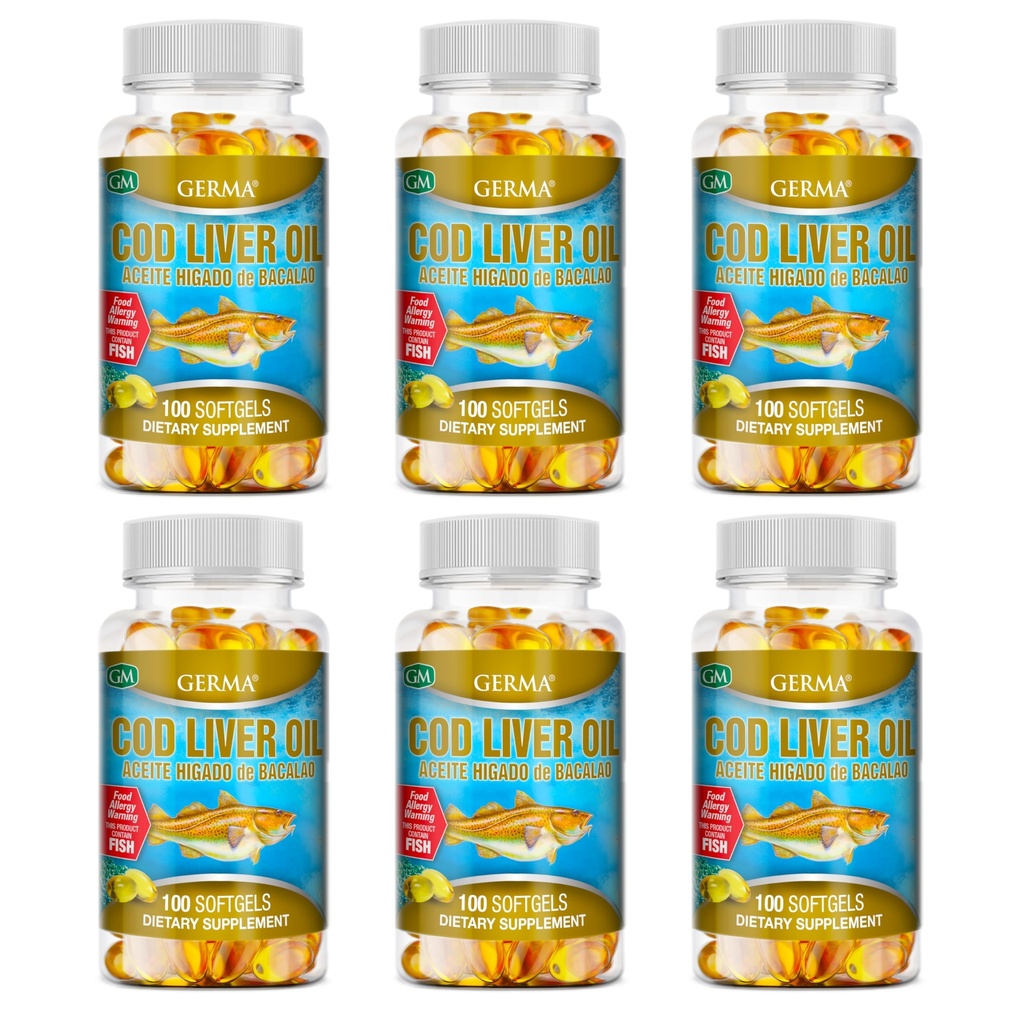Germa Cod Liver Oil Natural Dietary Supplement. 100 Capsules. Pack of 6