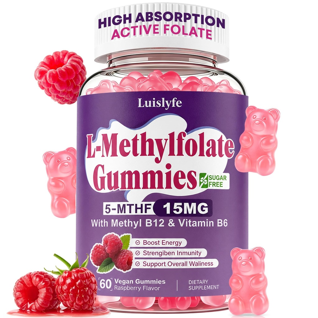L-Methylfolate 15mg Gummies & Methyl B12, High Absorption Active Folate 5-MTHF Supplement for Cognition, Mood & Immune, Sugar Free, Vegan, Non-GMO, Raspberry Flavor, 60 Count