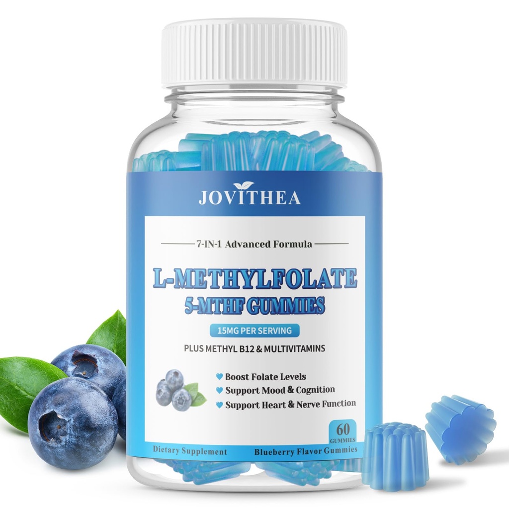 L-Methylfolate 15mg Gummies with Methyl B12, Folate 5-MTHF Supplement for Mood, Brain Health, Cognition & Immunity, Sugar Free, Vegan, Non-GMO, 60 Count