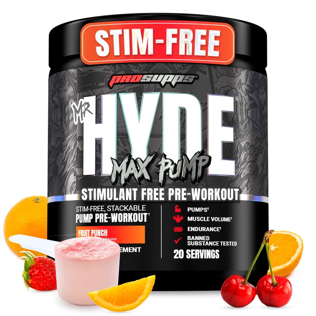 PROSUPPS Mr. Hyde Max Αντλία προ προπόνησης σε σκόνη - Stim-free Preworkout Υποστηρίζει τη ροή του αίματος, τον όγκο των μυών & την αντοχή - Caffeine-free Nitric Oxide Gym & Fitness Συμπληρώματα (Fruit Punch, 20 Services)