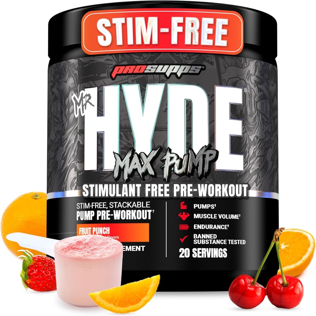PROSUPPS Mr. Hyde Max Αντλία προ προπόνησης σε σκόνη - Stim-free Preworkout Υποστηρίζει τη ροή του αίματος, τον όγκο των μυών & την αντοχή - Caffeine-free Nitric Oxide Gym & Fitness Συμπληρώματα (Fruit Punch, 20 Services)