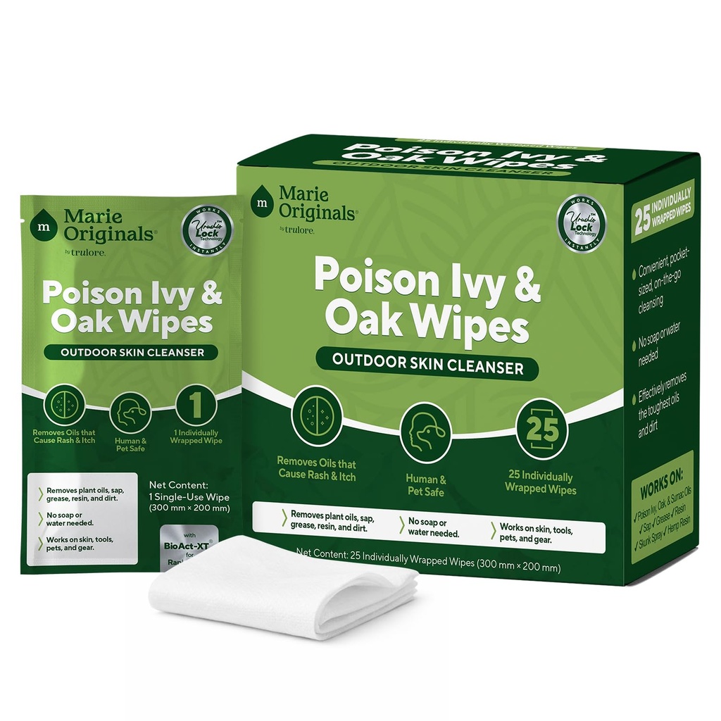 Marie Originals Poison Ivy Wipes, Outdoor Skin Cleanser Wipes for Poison Oak Areas, Hiking, Camping & Gardening, No-Rinse Wipes for Plant Oils, Dirt, Sap & Outdoor Residue, 25 Packets