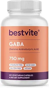 BESTVITE GABA 750mg ανά καψάκιο (120 κάψουλες χορτοφαγικής) - Όχι Stearates - Όχι Fillers - Vegan - Χωρίς γλουτένη - Μη ΓΤΟ