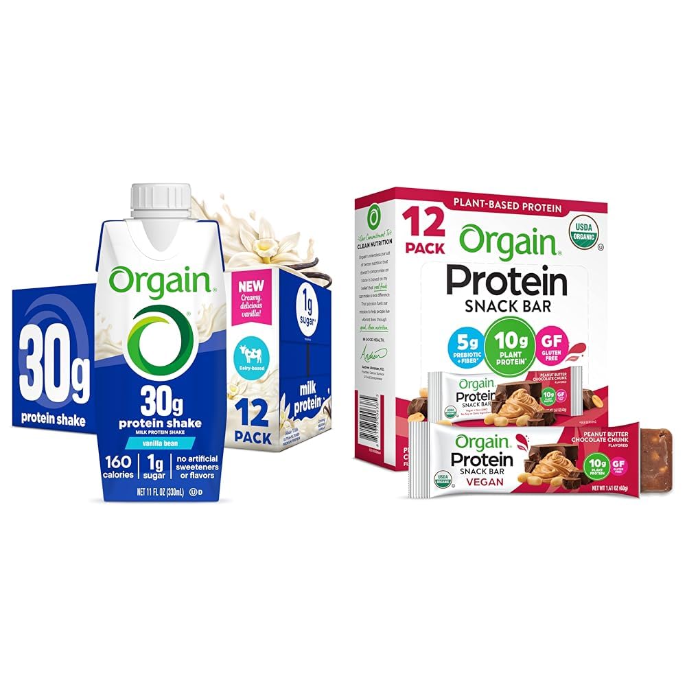 Bundle of Orgain 30g High Protein Shake, Vanilla Bean, 5g BCAAs, 11 Fl Oz, Pack of 12 + Orgain Organic Vegan Protein Bars, Peanut Butter Chocolate Chunk,10g Plant Based Protein, Pack of 12