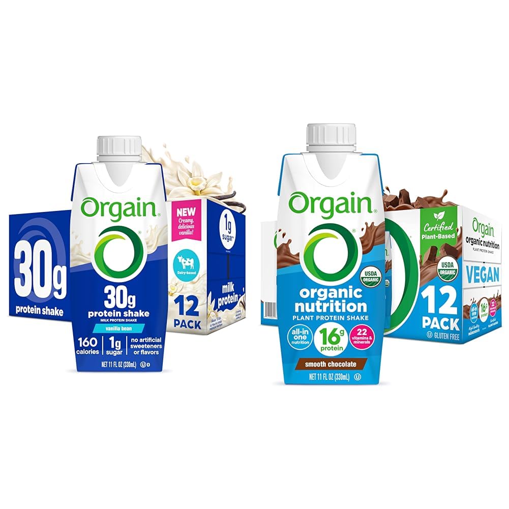 Bundle of Orgain 30g High Protein Shake, Vanilla Bean, 5g BCAAs, 11 Fl Oz + Orgain Organic Nutritional Vegan Protein Shake, Smooth Chocolate, 16g Plant Based Protein, 11 Fl Oz, 12 Pack Each