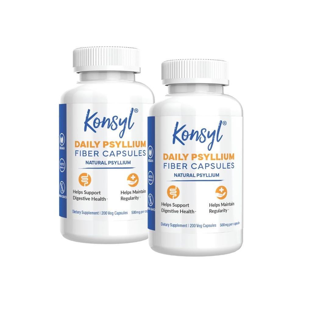 Konsyl Daily Psyllium Fiber Capsules - Contains 1500mg of All-Natural Psyllium Husk Powder per Serving - Supports Digestive Health and Weight Management Goals+ (200 Count (Pack of 2), Psyllium Husk)