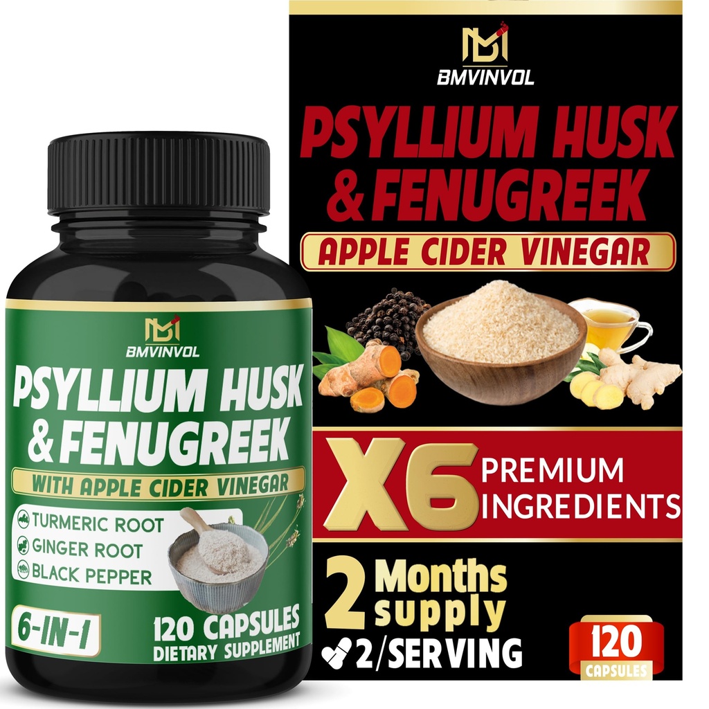 BMVINVOL Psyllium Husk Fiber Supplement with Fenugreek, Apple Cider Vinegar, Turmeric, Ginger, Black Pepper- Digestion Health Support - 120 Capsules