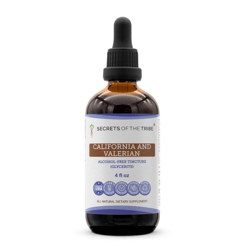 Secrets of the Tribe California and Valerian Tincture Alcohol-Free Extract, Herbs (California Poppy Herb and Flower, Valerian Root) 4 OZ
