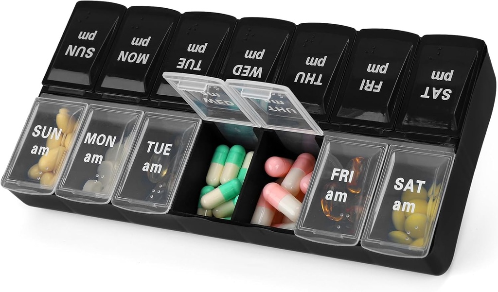 7 Day Weekly AM PM Pill Organizer, 2 Times A Day Large Pill Case Pill Box for Pills Vitamin Supplements Medication (Black+White,2 Times)