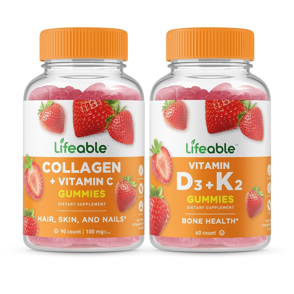 Lifeable Collagen & Vitamin C + Vitamin D3 + Vitamin K2, Gummies Bundle - Great Tasting, Vitamin Supplement, Gluten Free, GMO Free, Chewable Gummy