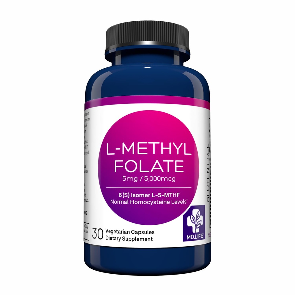 MD. Life L-Methylfolate 5 mg, Professional Grade, 30 Capsules, 5-MTHF | Active L-Methylfolate Supplement with Essential Amino Acids - Maximum Potency MTHFR Support - Doctor Designed, Made in USA