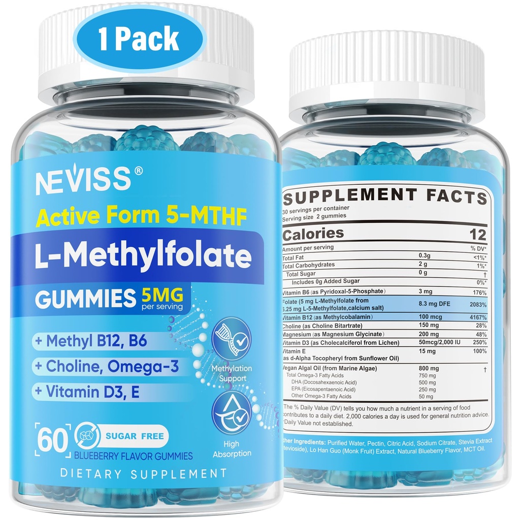 L Methylfolate Gummies & Methyl B12, Active 5-Mthf Methylated Folate 5mg Supplement for Women Men w/Methyl B Complex,Choline,Magesium,Omega-3,Methyl Folate for Methylation,Focus,Mood,Sugar Free,1Pack