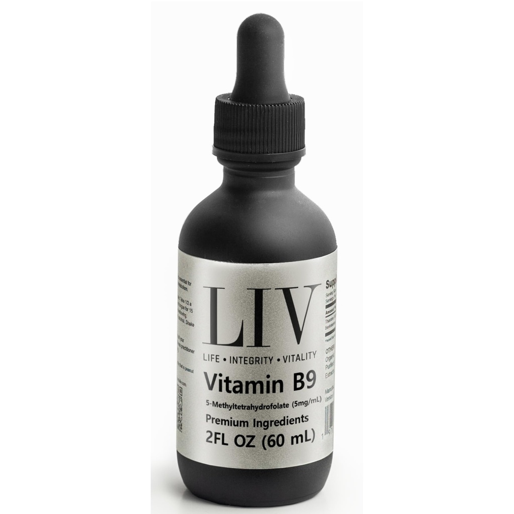 LIV Liquid Vitamin B9 (5-MTHF Folate) 5mg/mL 60mL Dropper – Bioactive Methylfolate Supplement, High Absorption, Unflavored, 60 Servings