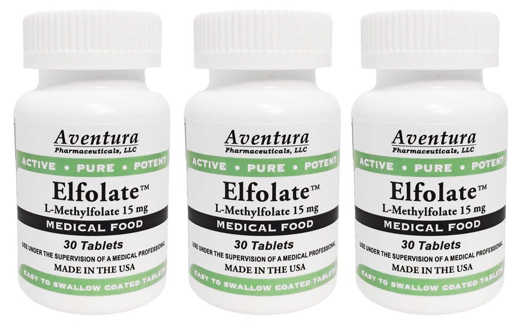 ELFOLATE® 15mg 3 Pack L-Methylfolate Methyl Folate Methylfolate Medical Food Supplement Professional Strength Active Pure Potent 30 Tablets
