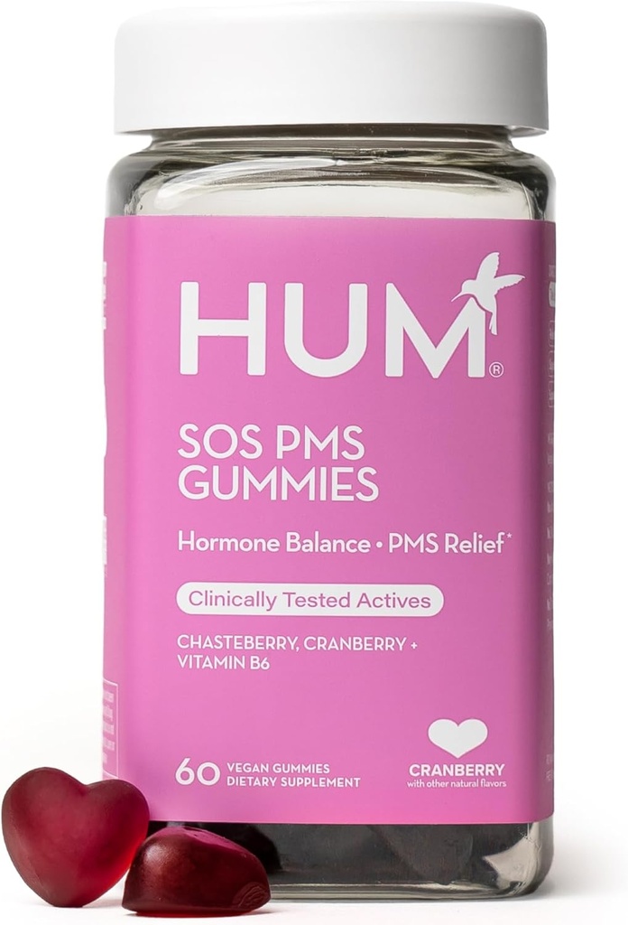 HUM Διατροφή SOS PMS Gummies, συμπλήρωμα υποστήριξης PMS για τις γυναίκες, Συμπτώματα Κύκλου Υποστήριξης, Bloating, Ορμονική Ισορροπία, περιλαμβάνει βιταμίνη B6, Cranberry & Chasteberry Vitex, Χωρίς γλουτένη, 60 Vegan Gummies