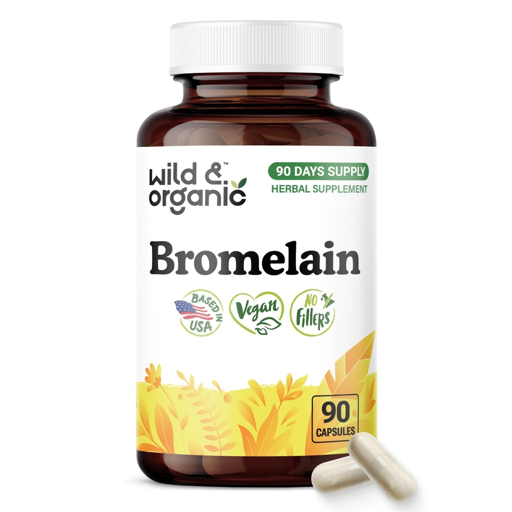Wild & Organic Bromelain 500 mg Capsules - Digestive Support - Natural Bromelain Supplement - Pineapple Enzyme Source - Vegan, No Fillers, Non-GMO - 90 Count