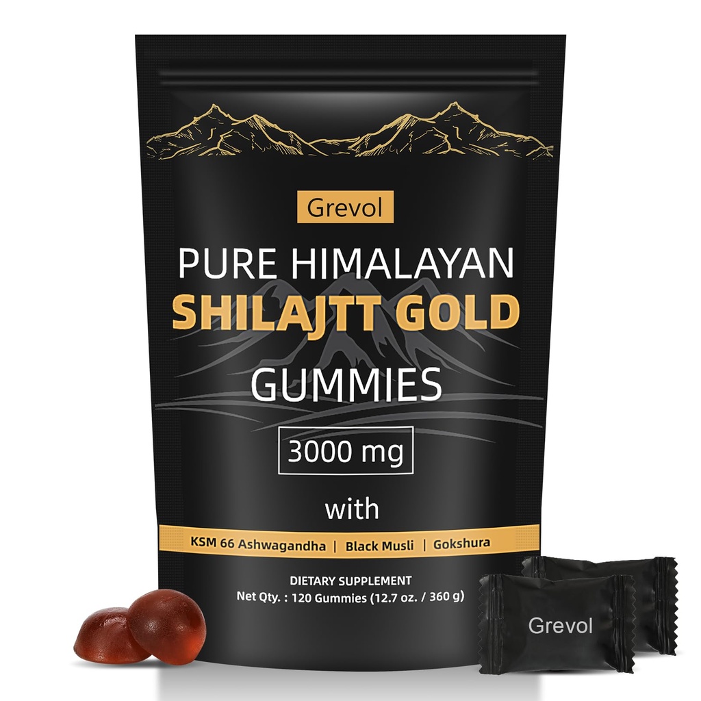 Grevol Himalayan Shilajit Gummies with Ashwagandha Fulvic Acid & 85+ Trace Minerals - No Added Sugar - Individually Wrapped - 120 Gummy