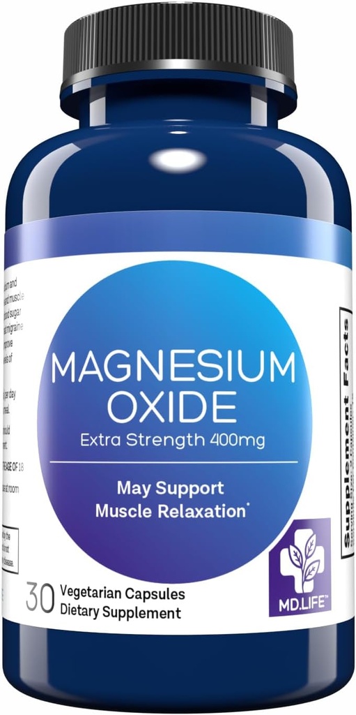 MD. Life οξείδιο του μαγνησίου 400mg κάψουλες - Υψηλή απορρόφηση συμπλήρωμα μαγνησίου για τα κνήμες ποδιών, τον ύπνο και την αγγειακή υγεία - 30 κάψουλες - Χάπια μη ΓΤΟ για γυναίκες
