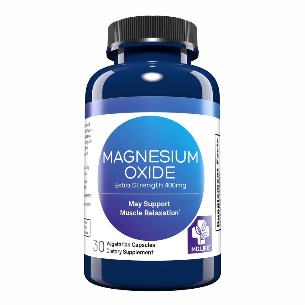 MD. Life οξείδιο του μαγνησίου 400mg κάψουλες - Υψηλή απορρόφηση συμπλήρωμα μαγνησίου για τα κνήμες ποδιών, τον ύπνο και την αγγειακή υγεία - 30 κάψουλες - Χάπια μη ΓΤΟ για γυναίκες