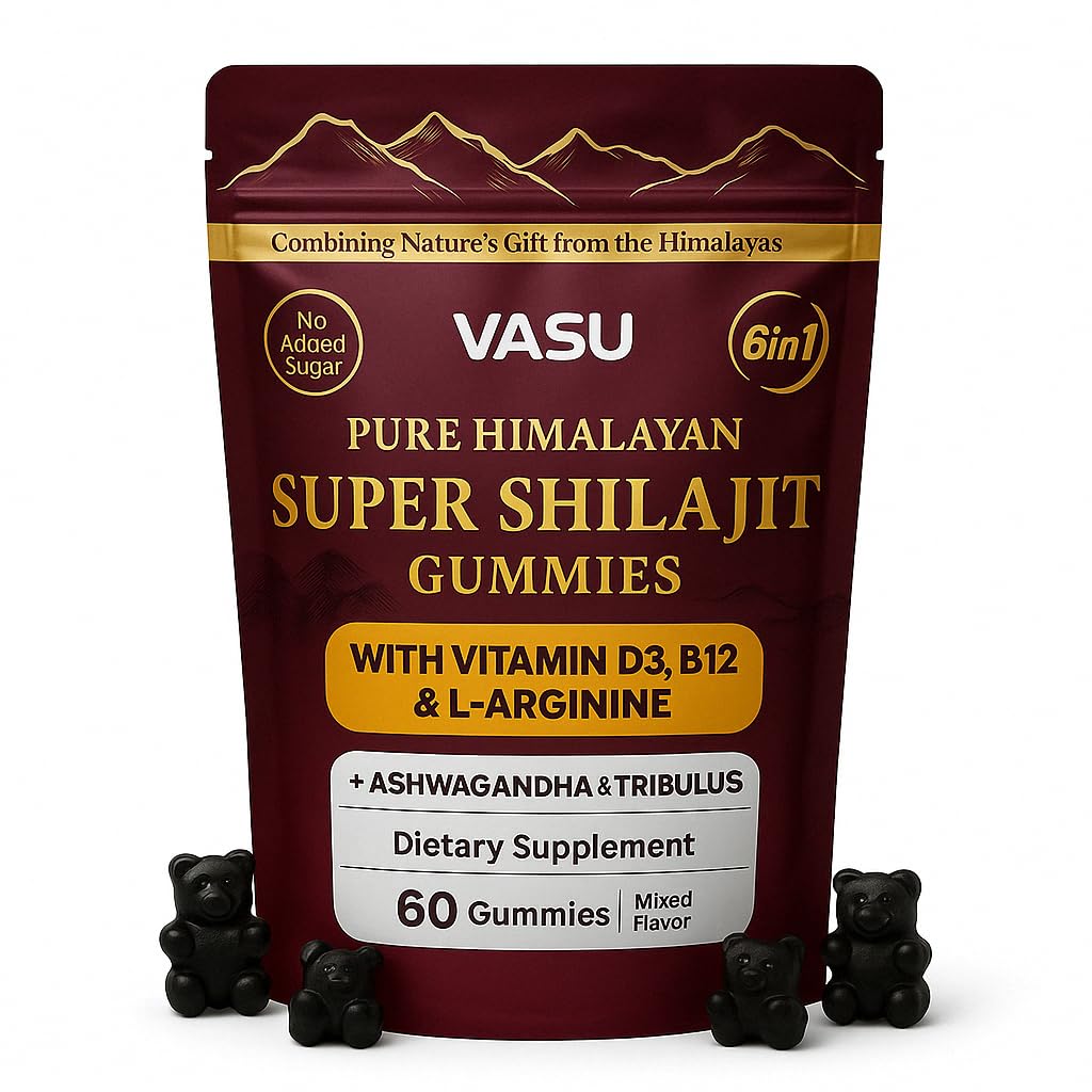 Vasu 6 in 1 Himalayan Shilajit Gummies for Men & Women with Vitamin D3 & B12, L-Arginine, Ashwagandha & Tribulus - Sugar Free Shilajit Resin - 60 Counts for Energy Support - Lab Tested