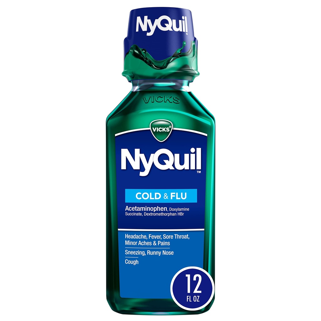 Vicks NyQuil Cold and Flu Relief Liquid Medicine, Powerful Multi-Symptom Nighttime Relief for Headache, Fever, Sore Throat, Minor Aches and Pains, Sneezing, Runny Nose, and Cough, 12 FL OZ