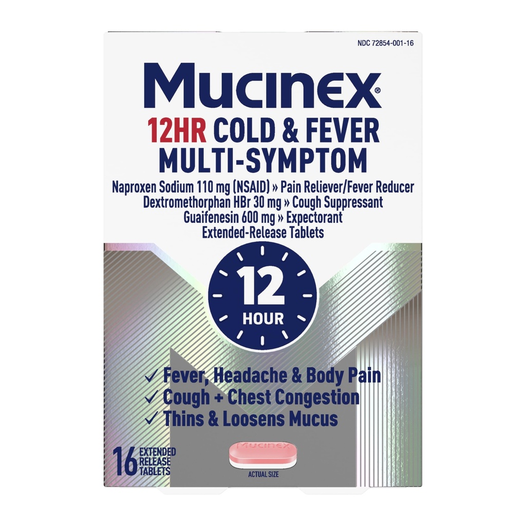 Mucinex 12 Hour Cold and Flu Medicine for Adults, Long Lasting Cough & Cold Medicine for All Day Relief of Headache, Body Aches, Fever, Cough, & Chest Congestion, 16 Bi-Layer Tablets