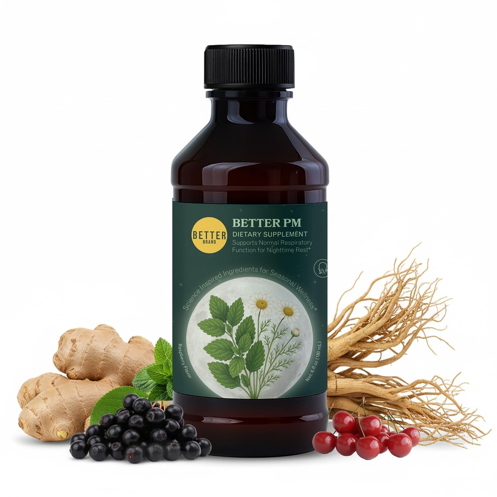 Betterbrand BetterPM Nighttime Wellness Syrup – Natural Sleep, Calm & Immune Support with Elderberry, Magnesium Glycinate, Valerian, Tart Cherry, L-Theanine & Chamomile