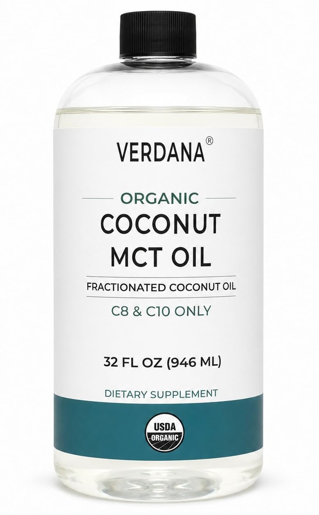 Verdana USDA Organic Coconut MCT Oil, 32 fl oz, Food Grade, C8 & C10 Only, Non-GMO, Kosher, Keto & Paleo Friendly, No Palm Kernel Oil