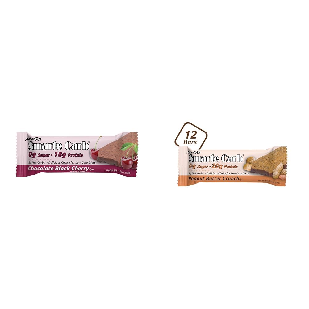 NuGo Smarte Carb Chocolate Black Cherry 18g Protein 12 Count and Peanut Butter Crunch 20g Protein 12 Count Bundle