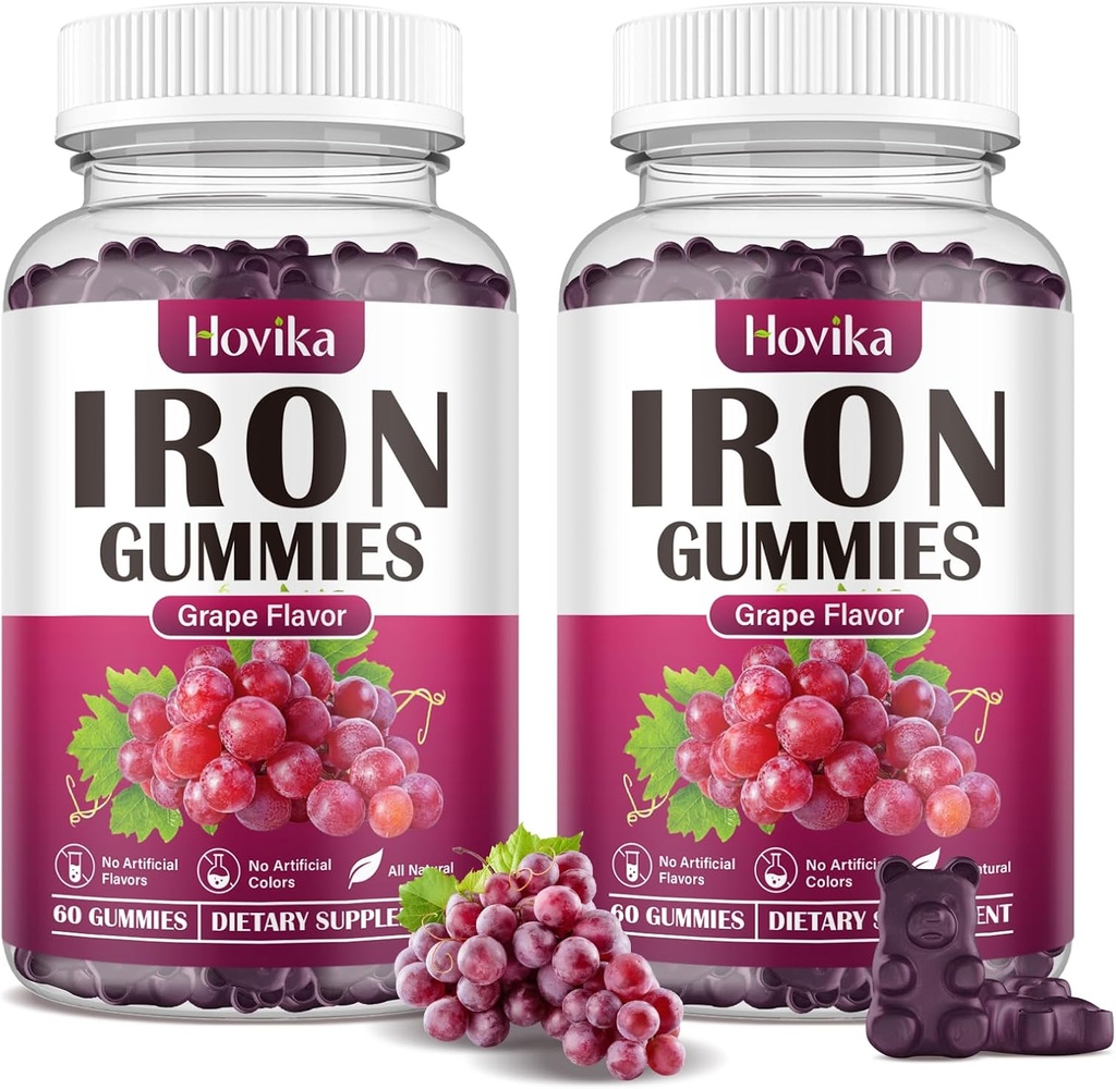 (2 Pack) Iron Gummies συμπλήρωμα για γυναίκες & άνδρες, συμπληρώματα σιδήρου για αναιμία με βιταμίνη C, B12, Folate-Blood Builder & Energy Support for Iron Deficiency - Grape Flavor, Vegan, 120 Gummies