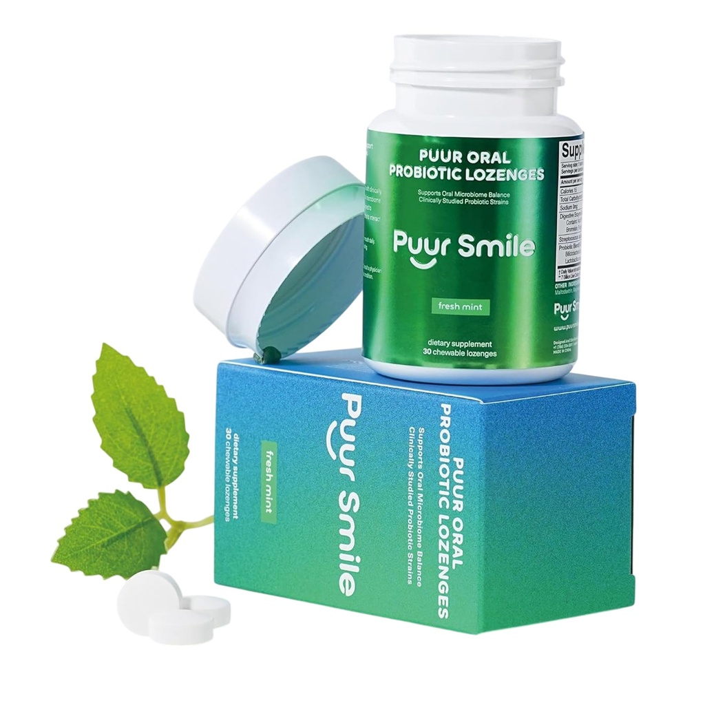 Puur Smile Oral Probiotic Lozenges for Fresh Breath & Gum Health – 7 Billion CFU with S. Salivarius, Digestive Enzymes & Mint Flavor – Daily Oral Care Supplement, 30 Lozenges
