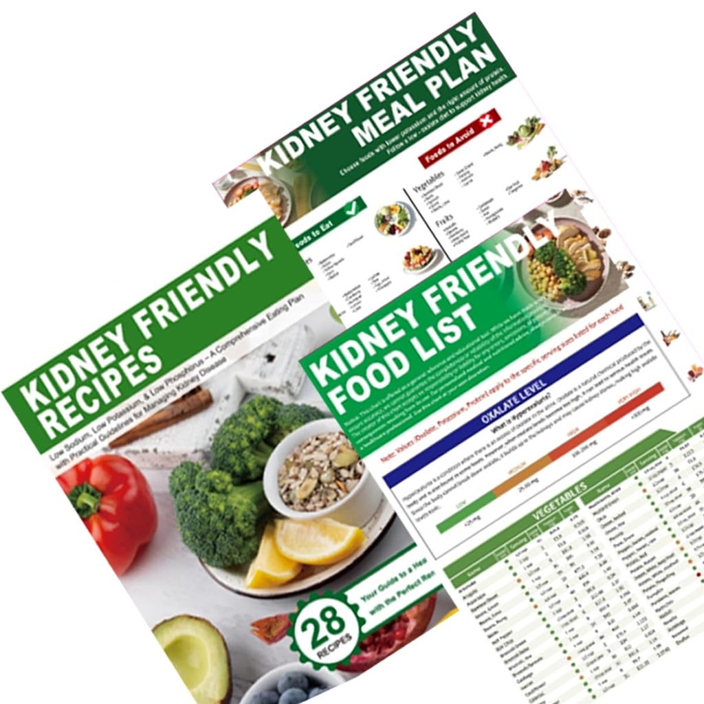 Set of 3 Kidney Friendly Food List Chart, Renal Diet Meal Plan & CKD Stage 3 Food Chart with Recipes, Potassium Rich Foods Chart, Kidney Safe Food Chart & Dialysis Accessories for Seniors