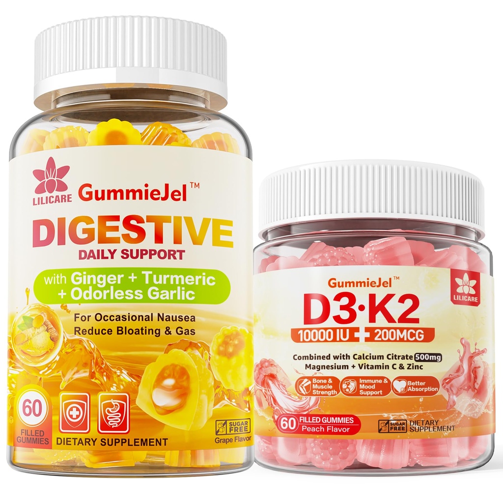 Βιταμίνη D3 K2 Γεμισμένα Gummies 5000IU / 10.000 IU με 500mg Ασβέστιο, Μαγνήσιο Κιτρικό, Βιταμίνη C & Ginger Chews συμπλήρωμα Gummies για Ναυτία, Στομάχι ανακούφιση