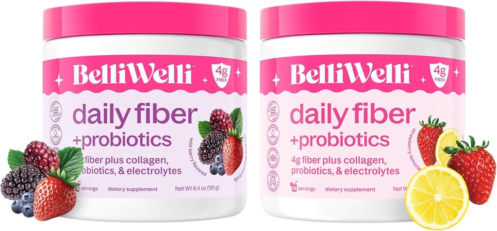 Belli Welli Daily Fiber Supplement Bundle with Collagen, Probiotics & Electrolytes – Λεμονάδα φράουλας & Άγριες Γεύσεις καρπούs Υποστηρίζει Digestion, Ισορροπία κόκκων, & Debloating – 32 Υπηρεσίες