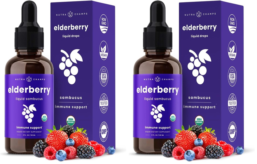 NutraChamps Black Elderberry Syrup, Potent 2000mg 10:1 Extract Sambucus Elderberry Syrup Antioxidant, Drops Berry Flavor, Liquid Elderberry Extract Sugar-Free 2oz, Immune Support (Pack of 2)